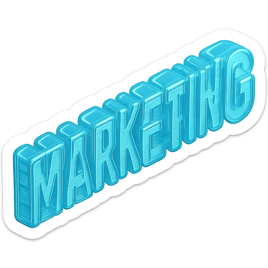 The word "MARKETING", cyan blue sticker