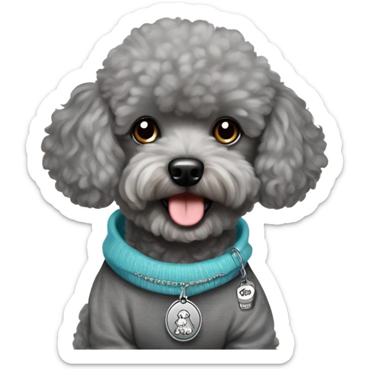 Gray toy poodle with a sweatshirt with the name Louie on his dog tag sticker