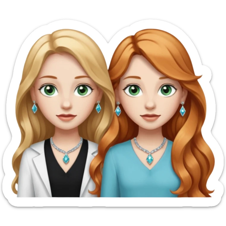 two girls top halfs, one with long wavy strawberry blonde hair and greenish blue eyes, white diamond earrings and wearing white, the other with straight black long hair, brown eyes, silver earrings and wearing black sticker