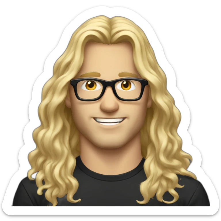 man with long wavy blonde hair, black t-shirt, and glasses, playing casio keyboard sticker