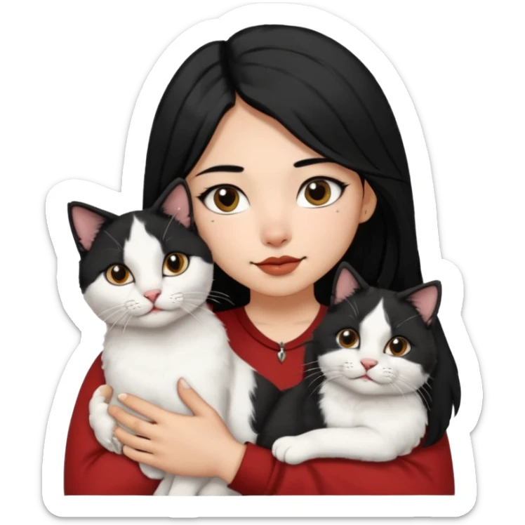 Mexican girl with shoulder length black hair & a septum ring holding a white & black haired Turkish Van male cat in her arms sticker