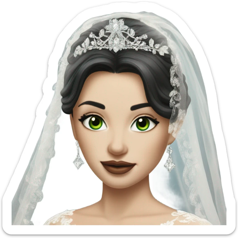 Hyper Realistic ornate ballgown long sleeve Wedding dress with diamanté on Russian bride with pale skin and green eyes and long black hair with veil and diamond jewelry hyper realistic  sticker