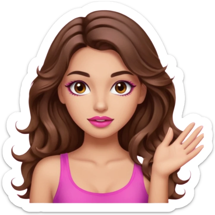 girl with long wavy brown hair, brown eyes, long lashes makeup, sexy pink lips, light to medium complexion, pink sexy top,slapping sticker
