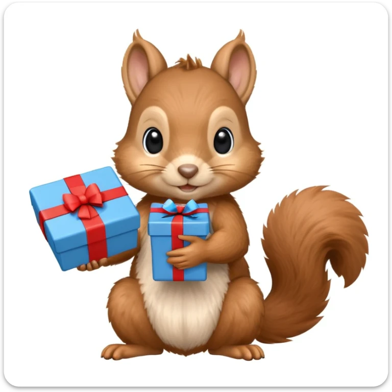 realistic squirrel holding a blue gift box in one hand and a red Swiss flag in the other, both objects clearly visible, simple white background, the gift is a different color from the flag sticker