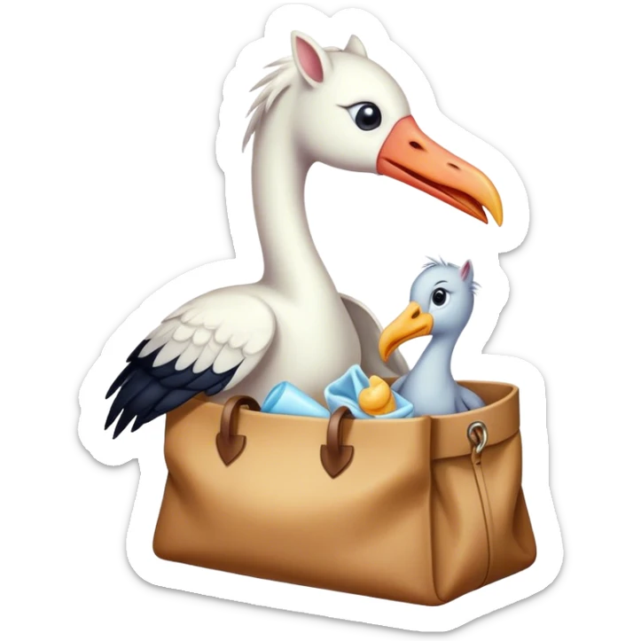 Cegonha trazendo filhote de cavalo no bico dentro de uma sacolinha  sticker