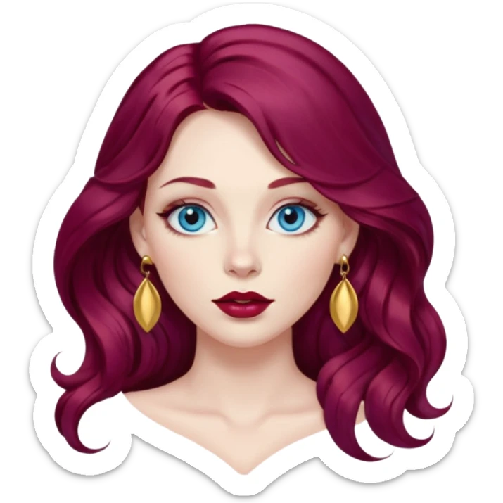 Long wavy burgundy plum color hair, pale skin, female with big Sky blue  eyes, plump red lips, with gold lip earring sticker