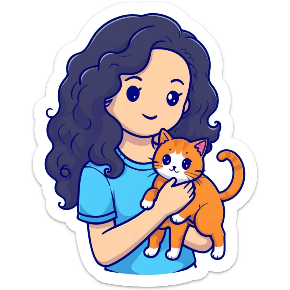 girl with long black curly hair holding a ginger cat sticker