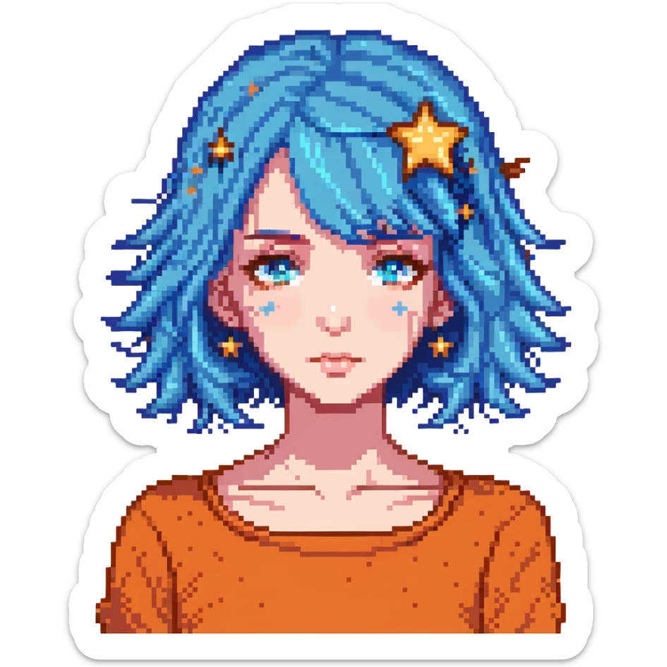 girl with blue hair and stars in her eyes sticker