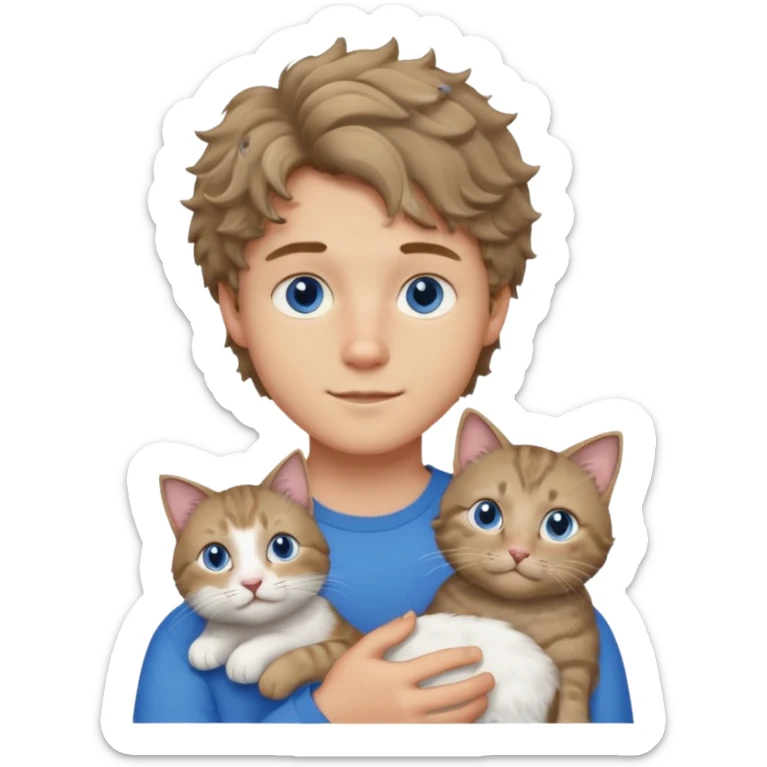 20 year old boy with slightly curly dark blonde hair and blue eyes with cat sticker