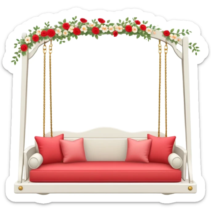 Romantic white wooden pastel-red cushions couch-swing with tiny gold flowers around sticker