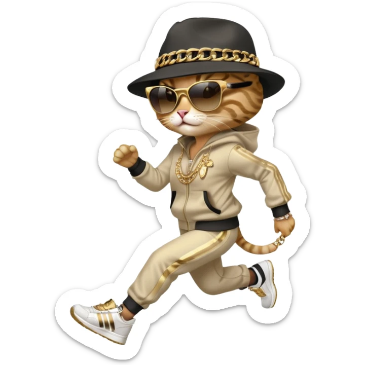 female cat running wearing Run DMC hip-hop outfit, tracksuit, fedora, Adidas shoes, dark sunglasses, lots of gold chains, bling accessories sticker