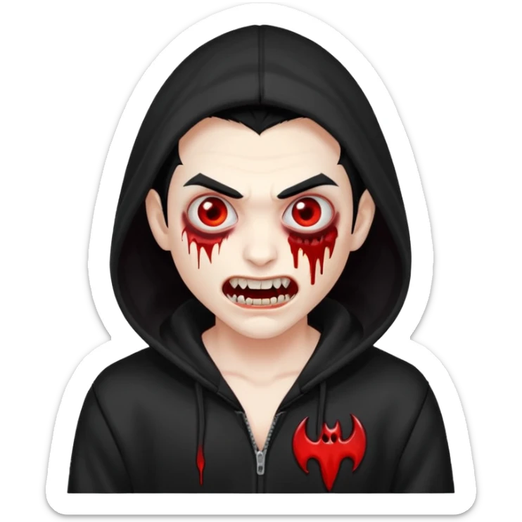 Vampire with gray white skin and full white eyes and bloody fangs and a black hoodie and scary face and black hair  sticker