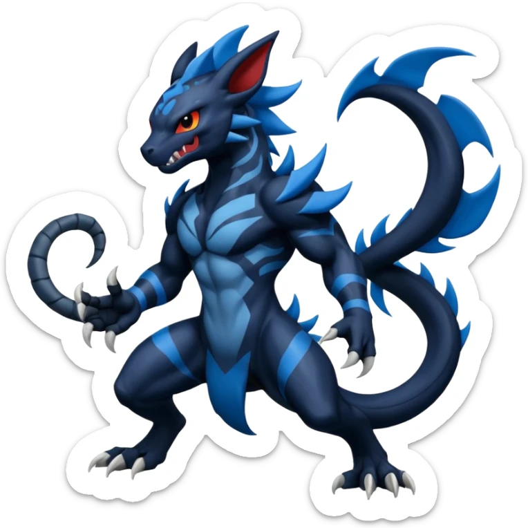 Black and Blue Venom-Stitch-WereGarurumon-Zekrom-Salandit-Sneasel-fusion, full body, tribal markings  sticker