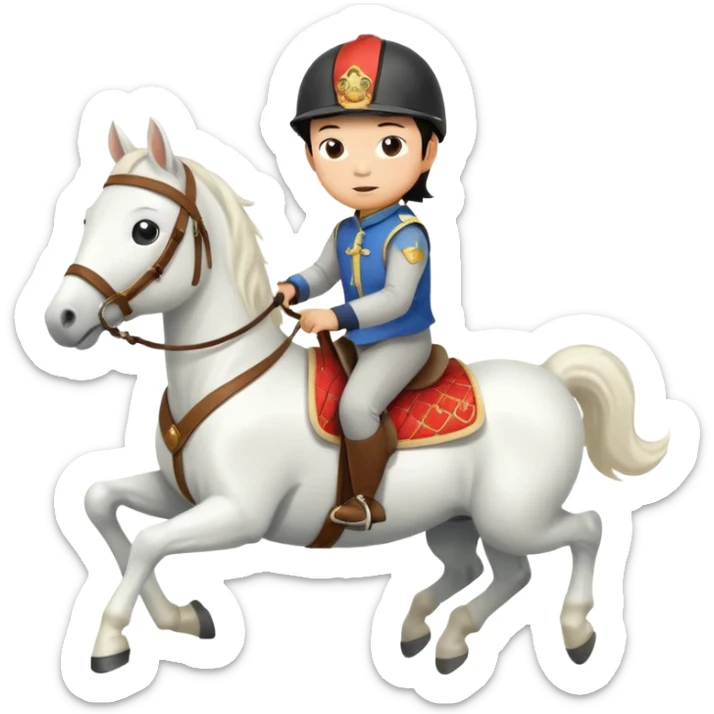 “A Chinese little boy is riding a cute white small horse, and the horse is running. The blanket on the saddle says ‘2026.’” sticker