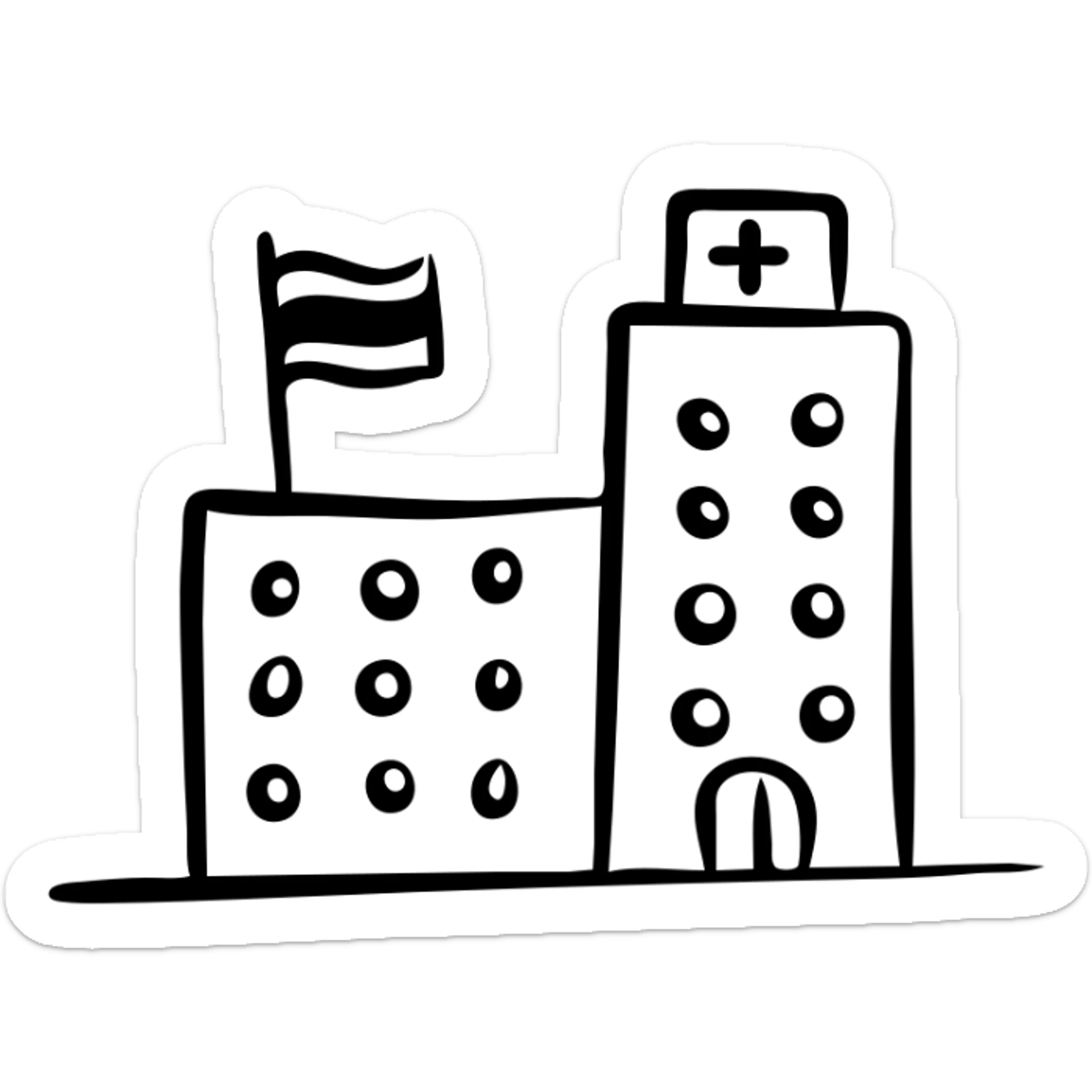 Hospital building with Thai flag on top, medical symbol, simple line drawing sticker