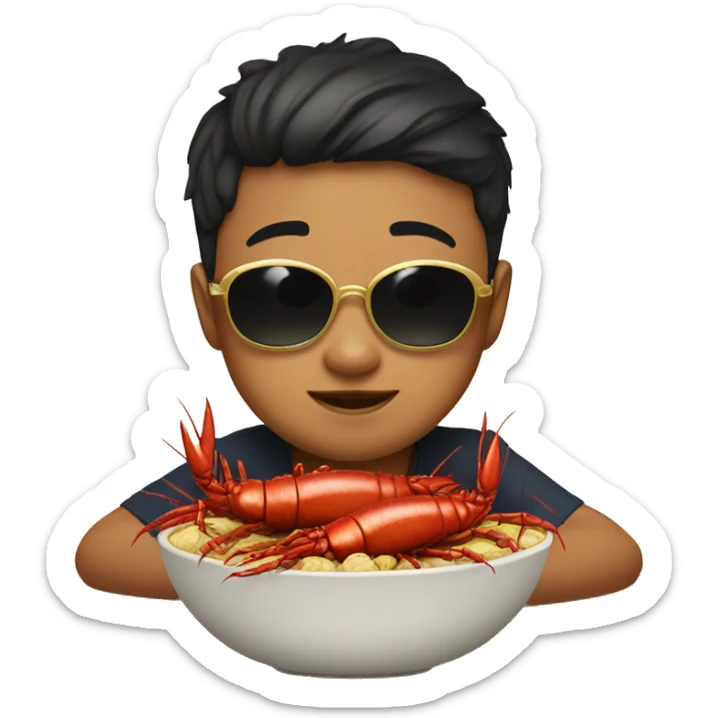 Asian kid with chubby cheeks sunglasses and a gold chain in front of a bowl of crawfish sticker