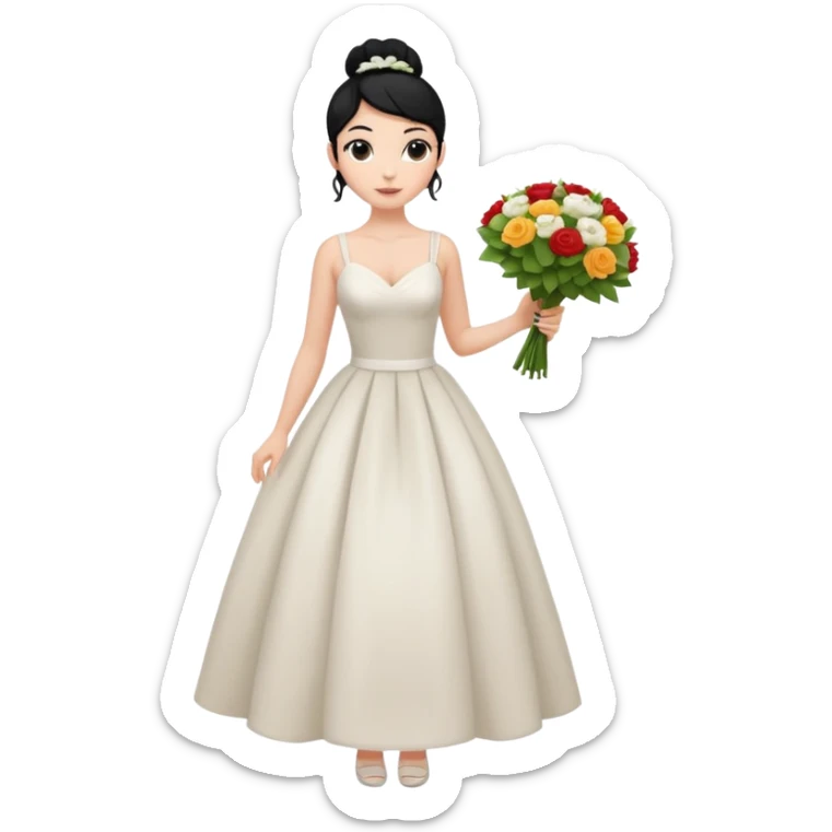 Chica blanca,cuerpo entero, vestido boda asimétrico sin vuelo tirantes , pelo negro,    ramo de flores una mano, pelo recogido en moño alto sticker
