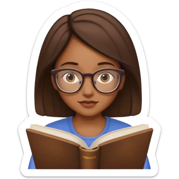 generate a genmoji of a dusky beautiful girl with reading glasses, reading a book sticker