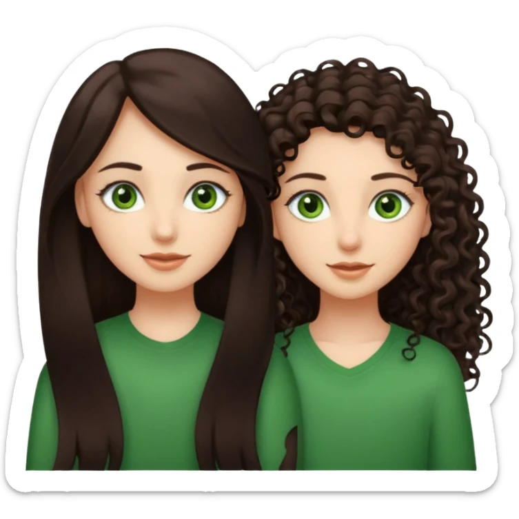 Two besties, 1: long ironed straight darkbrown hair, green eyes, 2: long curly darkbrown hair, brown eyes sticker