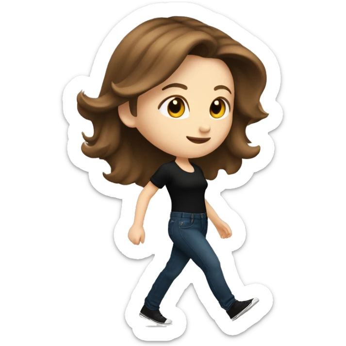 A beautiful white girl with shoulder-length brown hair in black jeans and a black blouse is walking to the right sticker
