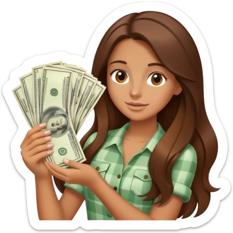 tanned girl with long brown hair holding lots of money sticker