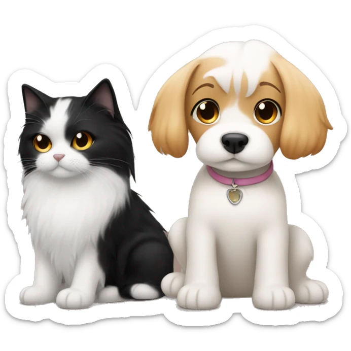 A girl with black hair cuddles a Maltese dog and ginger cat side by side  sticker