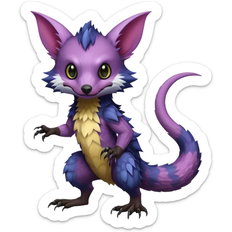 Realistic scaly swampy elemental detailed Colorful Trico-Noibat-batty-Sergal-Furret-Ferret-Wolverine-Vernid-furry-fursona-fusion-Fakemon-animal-hybrid-creature, full body sticker