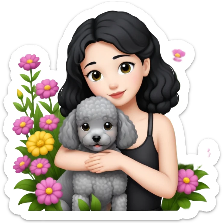 A beautiful girl with black ponytail happily hugs a gray poodle in the flowers sticker