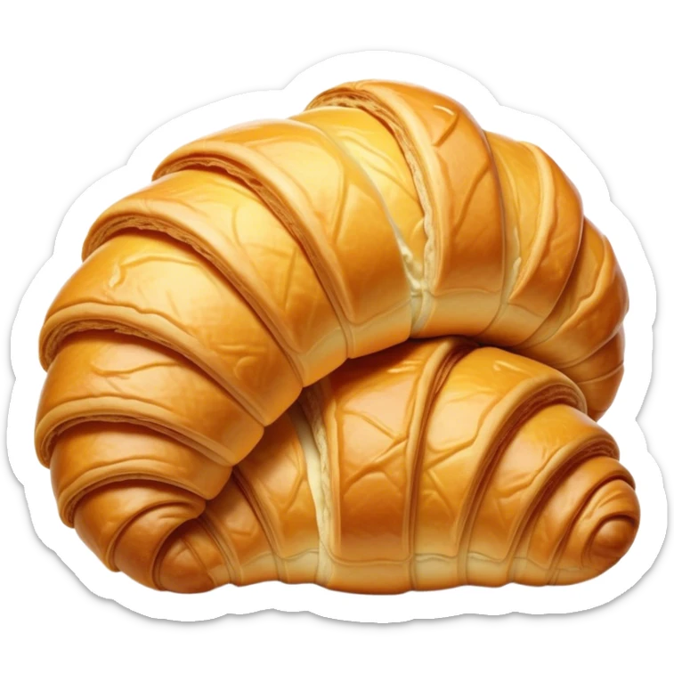 Cinematic golden croissant, perfectly flaky with crisp layers, slightly cracked to reveal buttery soft interior, warm golden glow, highly detailed and inviting. sticker