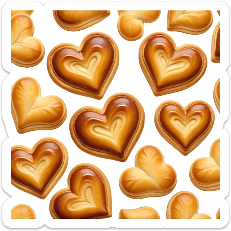 Cinematic crisp palmier, golden-brown heart-shaped pastries, perfectly caramelized layers, delicate and flaky, warm glowing background, inviting and delicious. sticker