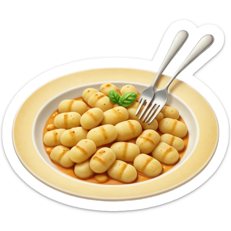 Gnocchi Cinematic Realistic Gnocchi Dish Emoji, depicted as tender oblong potato gnocchi garnished with iconic fork marks on top, rendered with soft textures and warm, inviting lighting. sticker