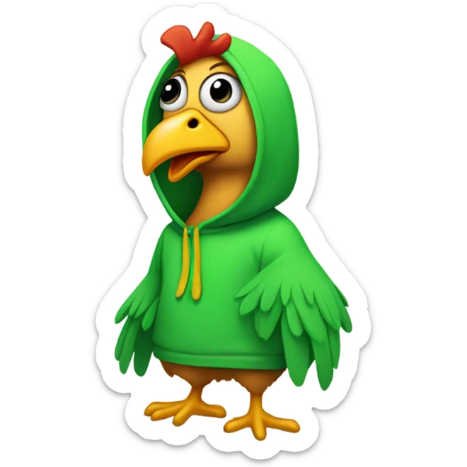 A one eyed guy with a green hoodie wearing a chicken suit sticker