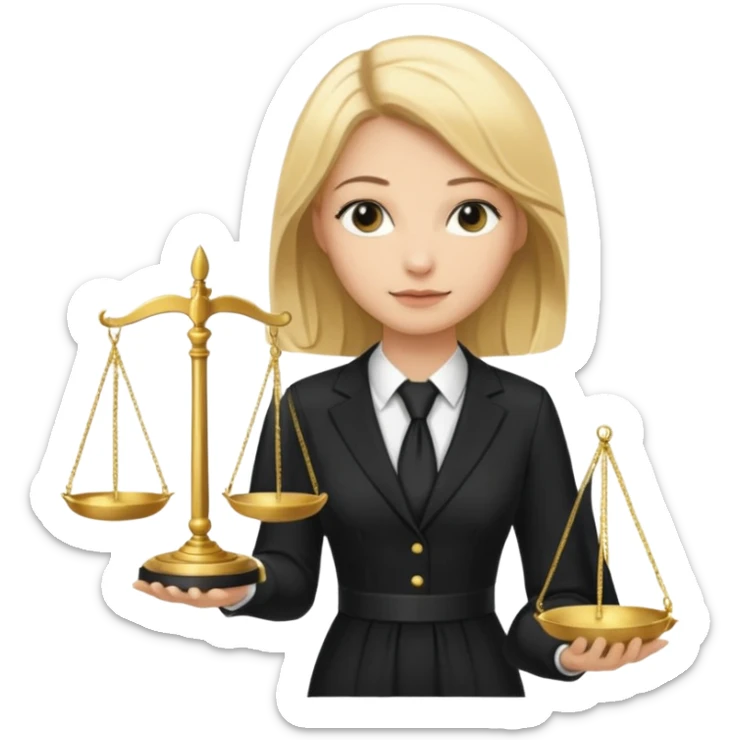 woman lawyer blanche et blonde avec des cheveux mi-long; elle est habillée avec une longue robe noire et une cravate blanche; elle soutient fièrement la balance de la justice  sticker