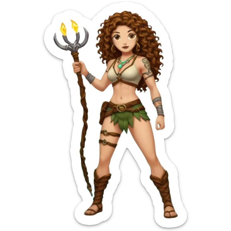 full body woman long curly brown hair brown eyes white skin tattoos muscular build jungle treasure hunter outfit, vine whip, glowing relic sticker