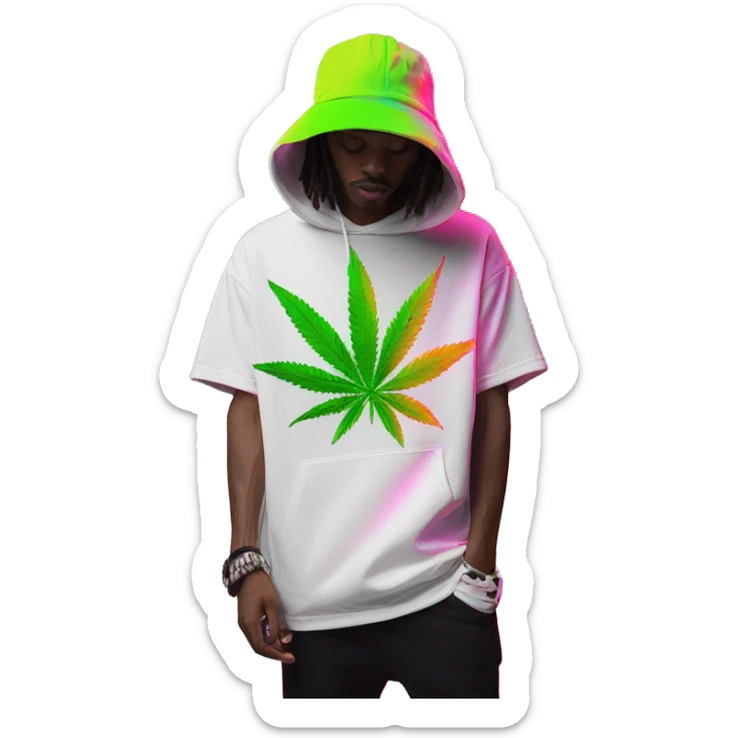 Hemp leaves Multicoloured neon person smoking wearing hoodie dancing hip hop bucket hat tropical Skater fashion aesthetic baggy clothes graphic t shirt 420 sticker