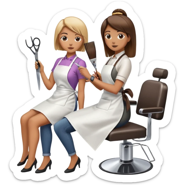woman getting a haircut from a female hairstylist, client sitting in chair with apron, hairstylist standing behind holding scissors sticker