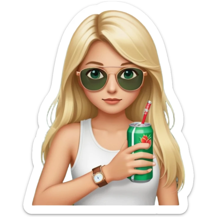 girl with long blond hair
with blue eyes
and aviator sunglasses
wearing white tank top 
holding one soda can without straw
wearing (rose gold apple watch with forest green band) sticker