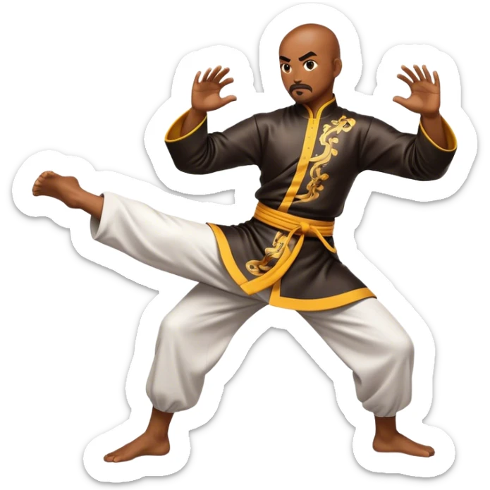 Cinematic Realistic Kung Fu Action Emoji, depicted as an epic martial arts scene with a master executing a precise move in traditional attire, rendered with fluid motion and vibrant textures under dramatic high-contrast lighting. sticker