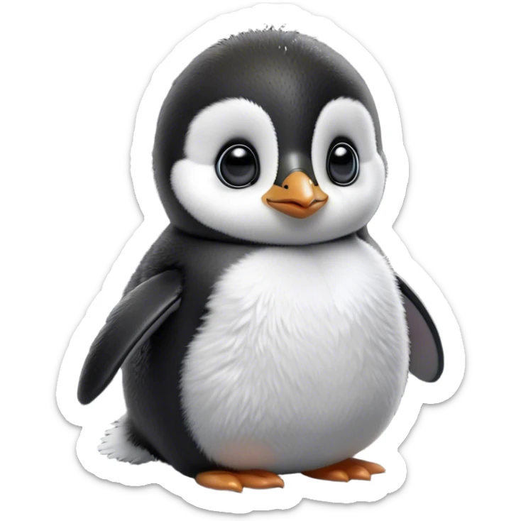 Cinematic Noble Baby Penguin Portrait Emoji, Poised with an air of innocent regality, featuring soft, downy feathers in crisp black and white and wide, soulful eyes, Simplified yet sharp and sophisticated features, highly detailed, glowing with a gentle, dignified polar glow, high shine, intelligent and charming, stylized with an air of cherubic majesty, focused and attentive, soft glowing outline, capturing the essence of a tiny arctic noble that feels as though it could waddle out of the screen with effortless authority! sticker