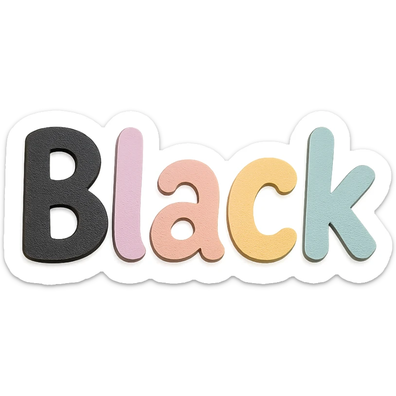the word 'Black' in soft pastel rainbow quirky handwritten font, kawaii style, no outline, 3D paper-craft effect sticker