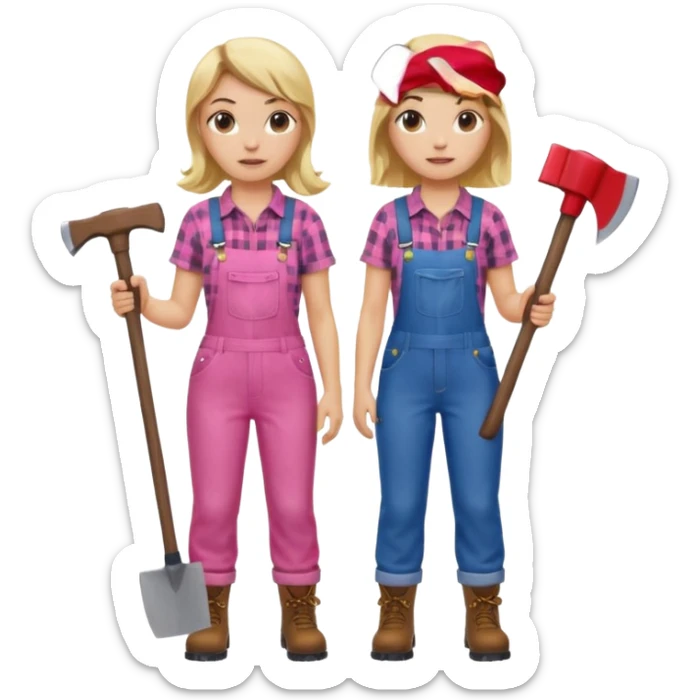 lumberjack blonde woman holding axe pink checked shirt and overalls sticker