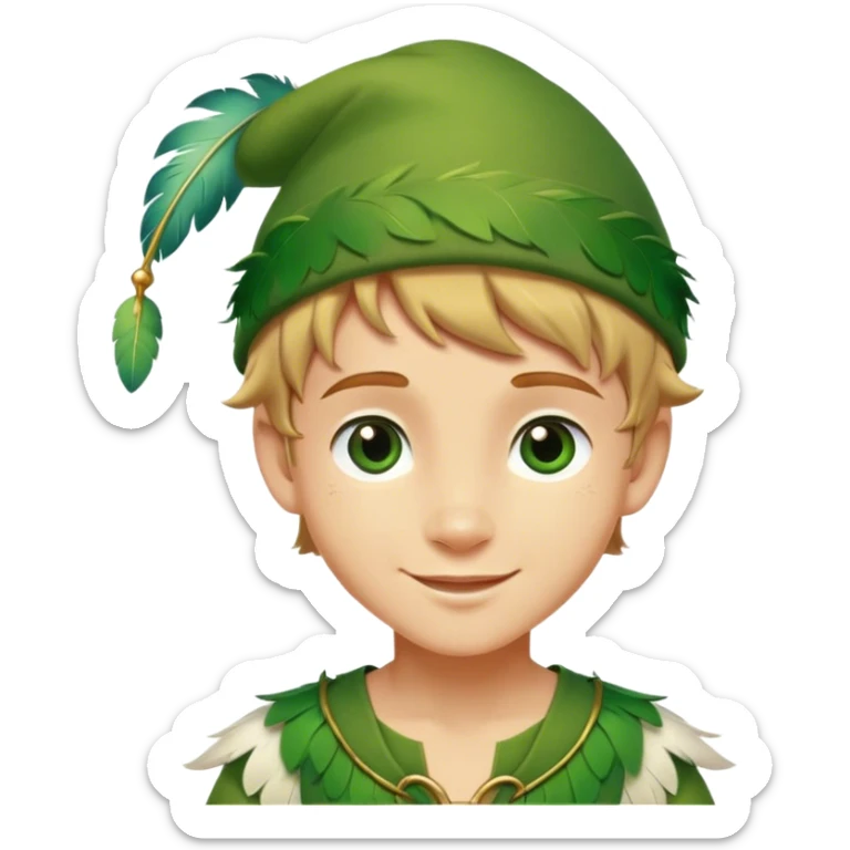 Cinematic Realistic Peter Pan Portrait, depicted with lifelike, youthful skin touched by a gentle sun-kissed glow. His bright, expressive eyes and confident smile evoke a timeless sense of wonder. Dressed in his iconic green tunic and feathered cap, every detail is rendered with soft, natural lighting that highlights his blend of innocence and courageous spirit. sticker
