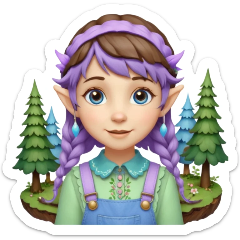 Kind happy whimsical quirky Girl toymaker, wood carving elf. Woodland nature creator. Blue eyes. Short bob, brown wavy hair with bangs. Whimsical playful cute. Overalls with nature embroidered cute shirt collar. Light green, light purple and light blue colour aesthetic  sticker