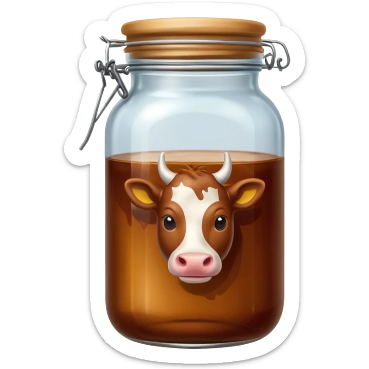 beef stock in a glass jar, brown liquid, label with cow icon, emoji style sticker