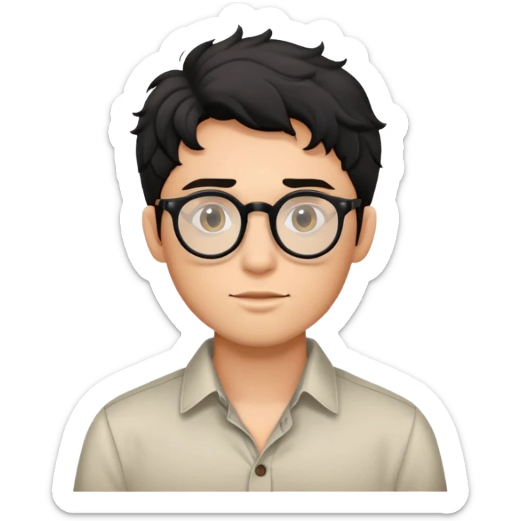 Torso view of young man with black wavy hair, round glasses, casual buttoned shirt, no tie sticker