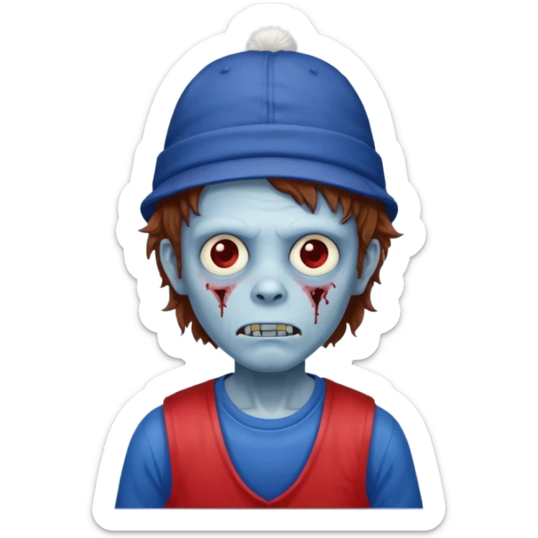 brown fluffy hair zombie with blue and white hat dark blue jilet red t shirt sticker