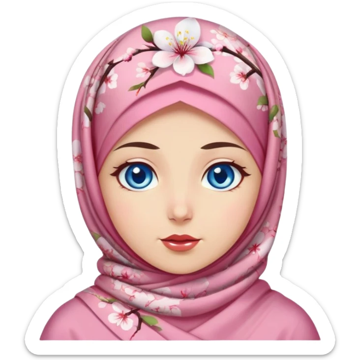 Turkish beautiful finish Konya girl blue eyes with cherry blossom floral hijab islamic dress and with Drooling face sticker
