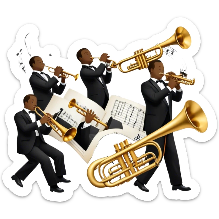Icon for Jazz Music: collage of Louis Armstrong with his trumpet and Glenn Miller with his orchestra. Silhouettes of musicians, brass instruments, and musical notes. The design should convey the classic, smooth vibe of jazz. Transparent background. sticker