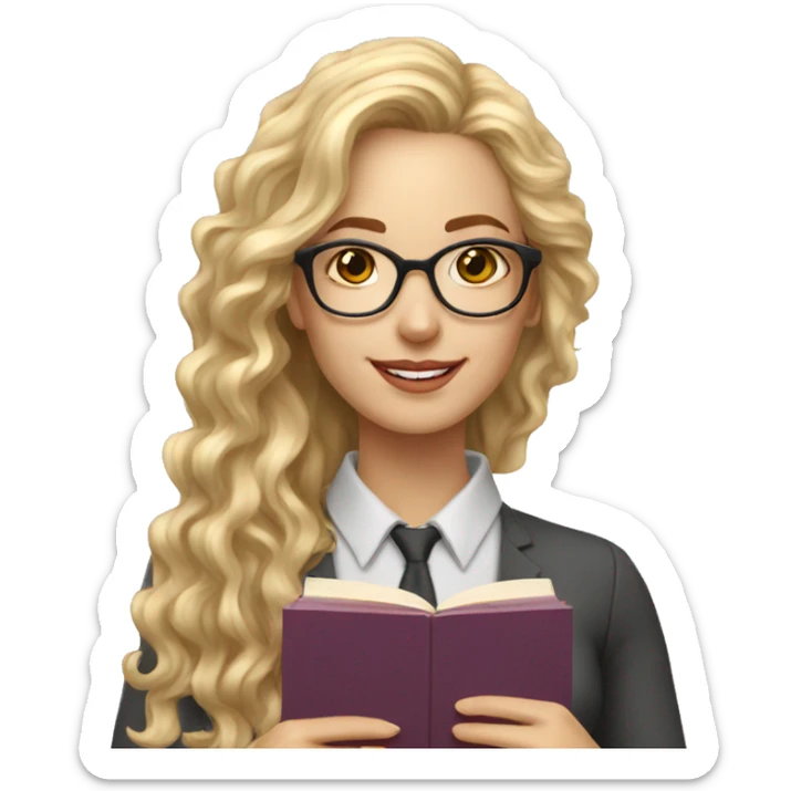 Woman teacher blonde long curly hair glasses with book sticker