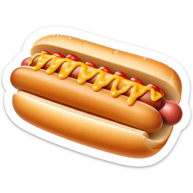 Cinematic classic hot dog, nestled in a soft toasted bun, drizzled with mustard and ketchup, juicy and flavorful, warm golden tones, ultra-detailed and mouthwatering. sticker